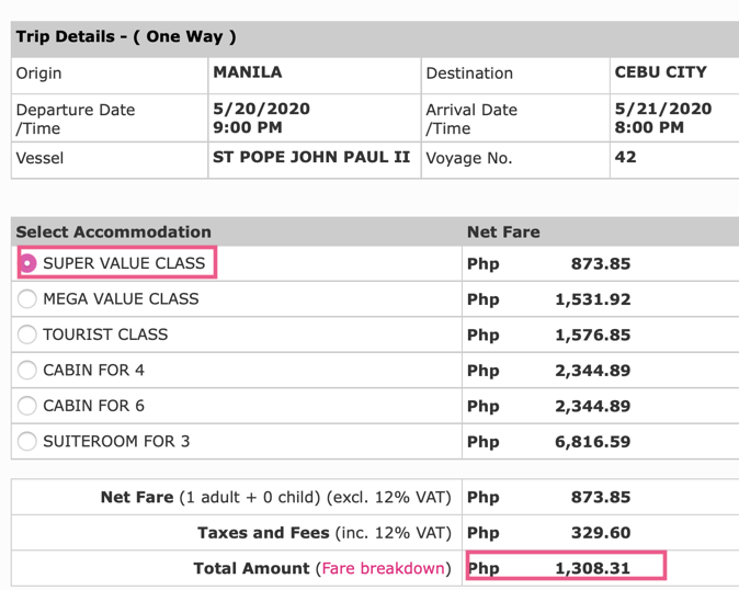 2go travel ticket price cebu to manila